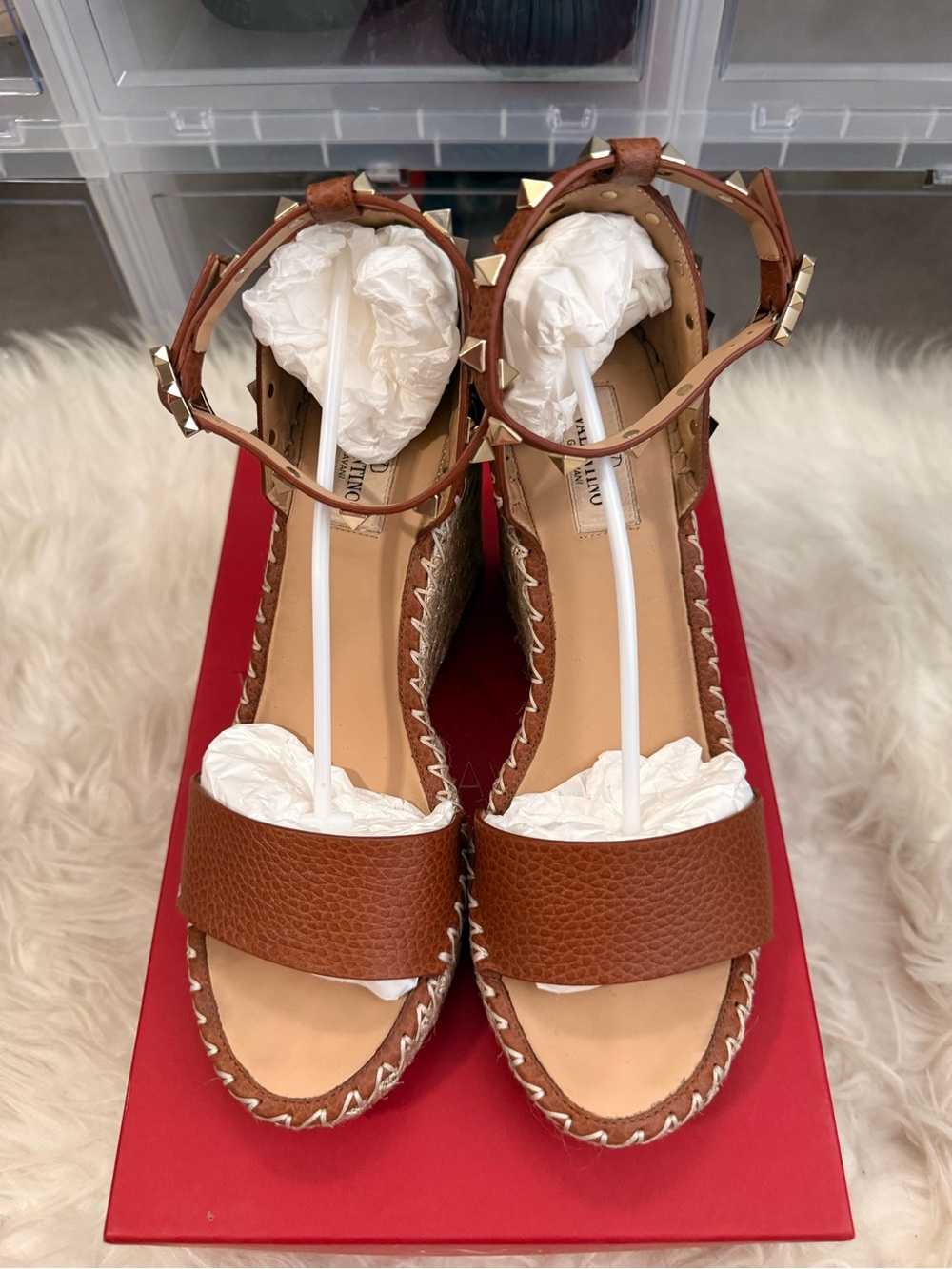 Valentino Brown Leather Rockstud Espadrille Wedge Sandals - Picture 2 of 7